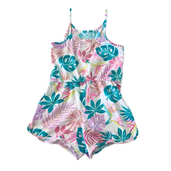 Jumping Beans Teal and Pink Leaf Print Romper | Girls Size 6T - Picture 2 of 4